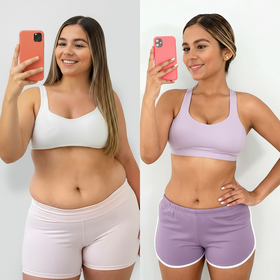 Resultados antes y después del cuerpo de una mujer al usar Vibro Sculpt para reducción de medidas